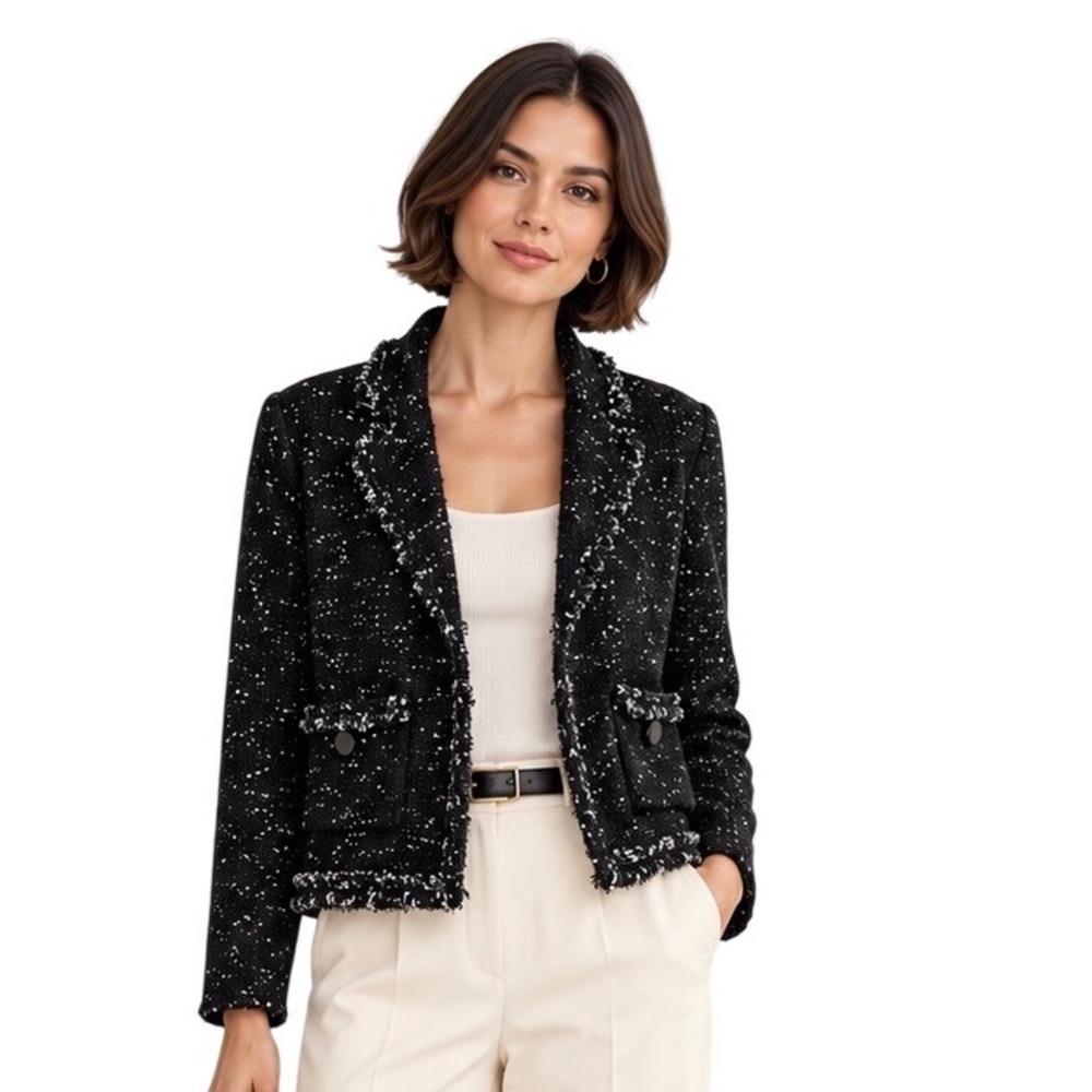 Massimo Dutti Women 6 Black White Tweed Blazer Italian Yarn Fringe Corporate